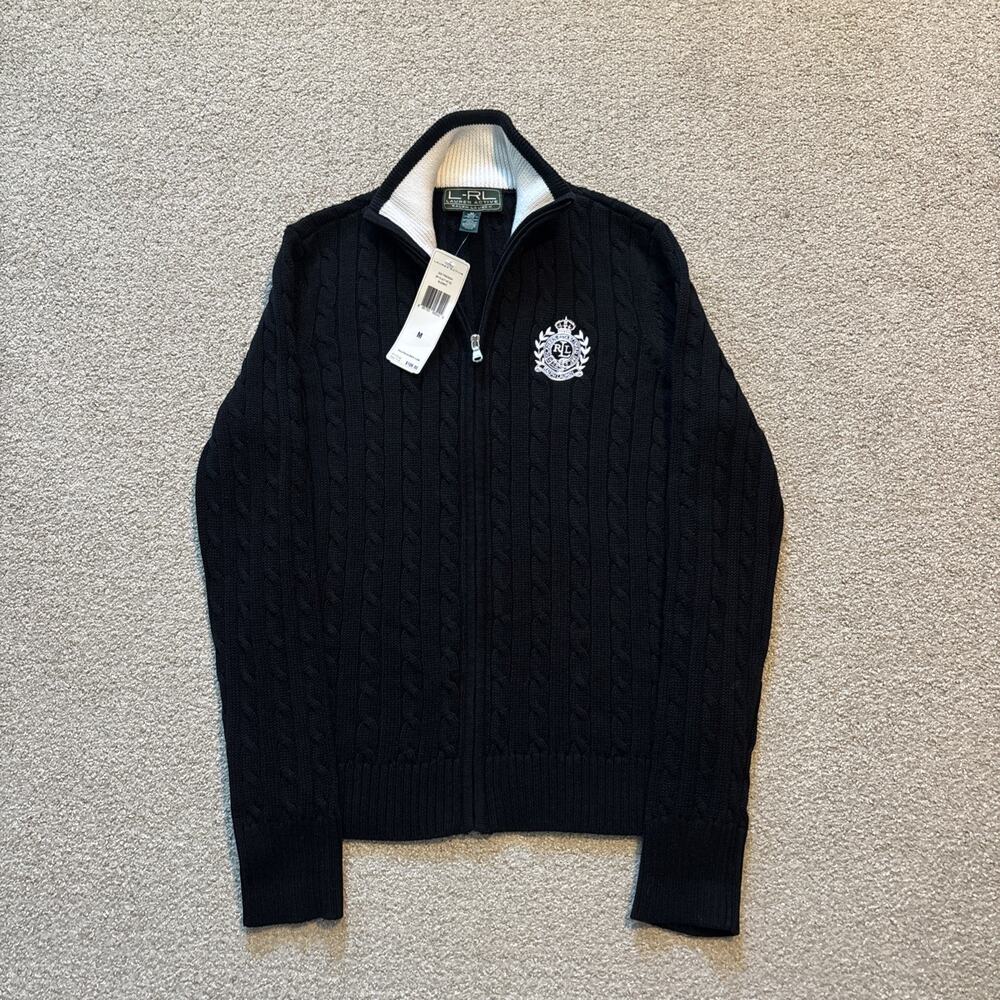 Ralph Lauren Cable Stitch Sweater Women Size M Black Zip Front Crest Heritage
